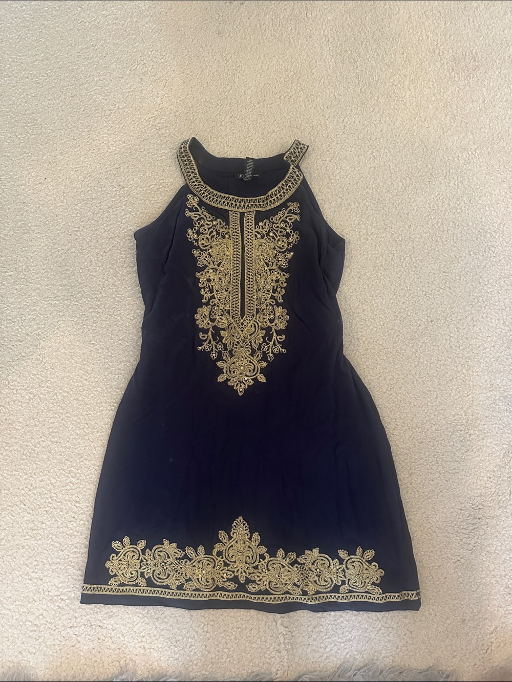INC International Concepts Black Midi Dress with Gold Embroidery